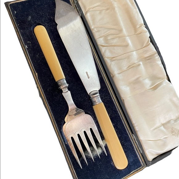 Antique Serving fork & knife Ivory Sterling England appx 1840s - Picture 2 of 12